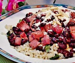 Ham and Black Beans over Green Rice