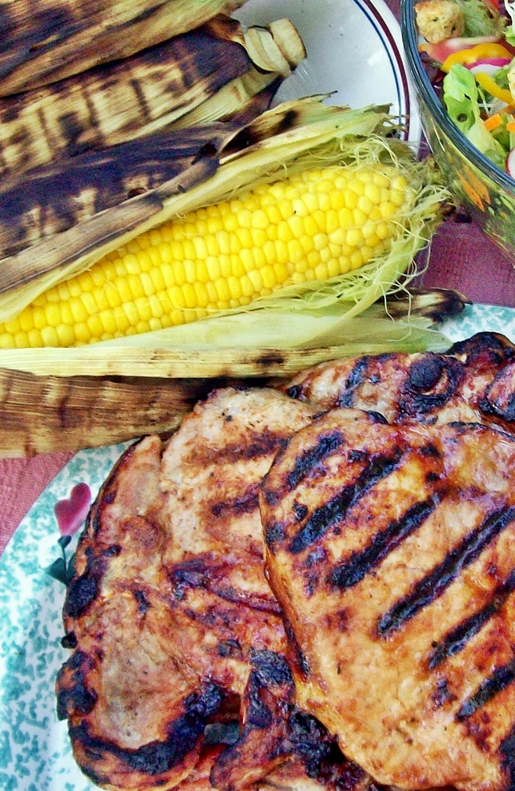 Corn Roasted in the Husk and BBQ Pork Chop