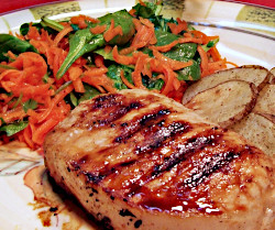 Honey Marinated Pork Chops Potatoes with Carrots and Spinach Salad