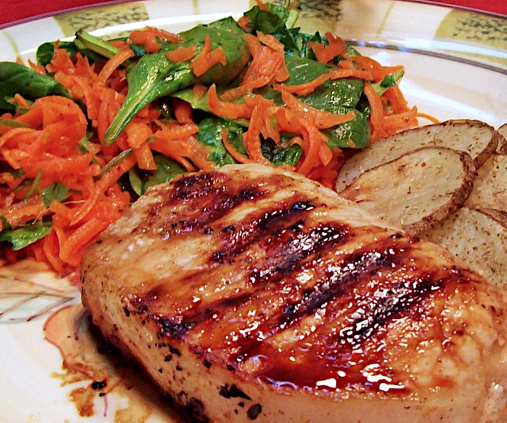 Image of Honey Marinated Pork Chops Potatoes with Carrots and Spinach Salad