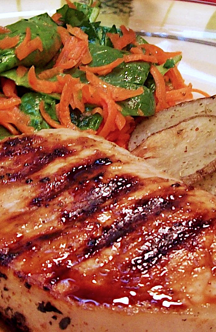Honey Marinated Pork Chops Potatoes with Carrots and Spinach Salad