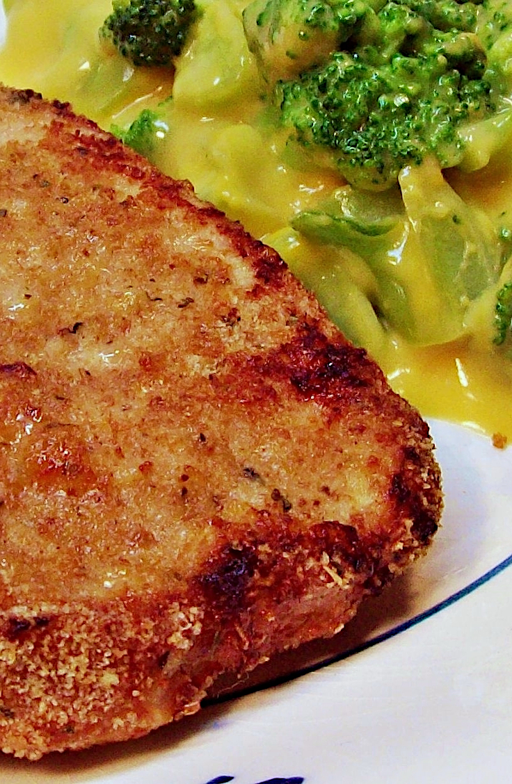 Oven Fried Pork Chop with Broccoli in Cheese Sauce