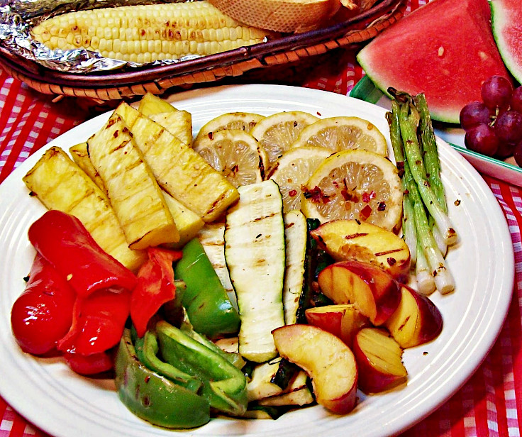 Seared Marinade Platter, Roasted Corn and Mediterranean Garlic Bread