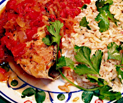 Tarragon and Tomato Poached Halibut with Cilantro Lemon Rice