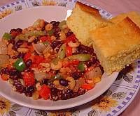 Shrimp Creole and Black Beans with Cheesy Cornbread