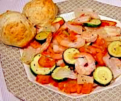 Shrimp with Zucchini and Tomatoes accompanied by Parmesan Herb Drop Biscuits