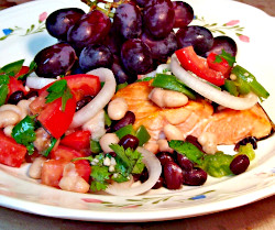 White and Black Bean Smothered Salmon